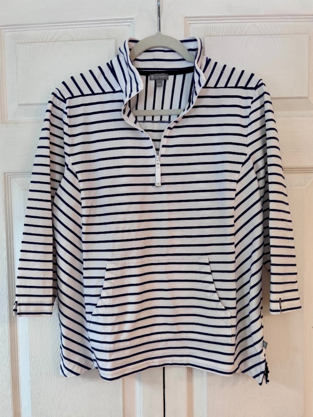 T by Tallbots White Navy Stripe Quarter Zip Size L
